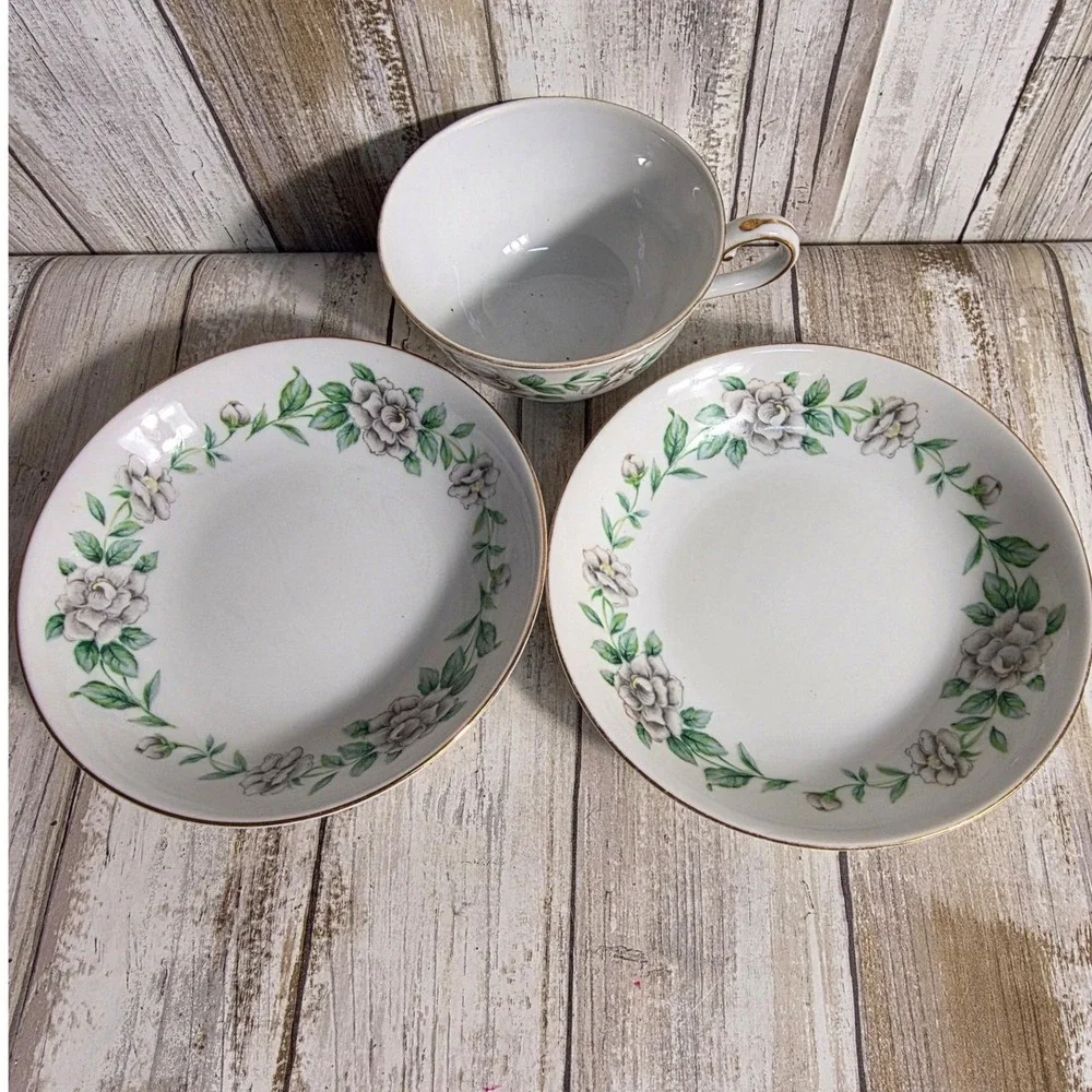 Regal China Virginia Tea Cup and Saucer Set White Floral Gold Trim 3 Piece Japan